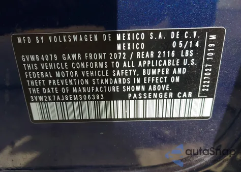 2014 Volkswagen Jetta 2.0L S z USA, uszkodzony, nr VIN 3VW2K7AJ8EM306383